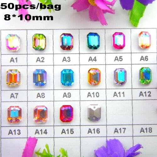 AB colors 8*10mm Two holes 50pcs/bag Rectangle shape glass Crystal Sew on rhinestone beads Wedding dress accessories trim