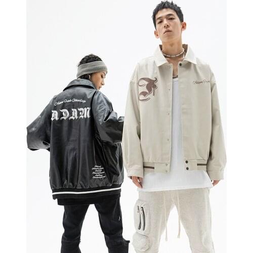 American High Street Gothic Embroidery Turn-Down Collar Leather Jacket Student Loose Casual Garment