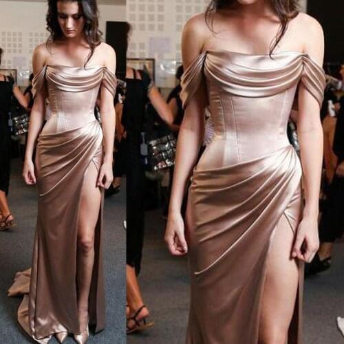Champagne prom dresses 2020 off the shoulder side slit sexy satin evening dresses simple cheap evening dresses arabic