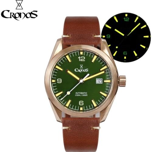 Cronos Bronze Retro Automatic Mechanical Mens Pilot Watch Calendar Luminous Sapphire Men Chronograph Watch Sport Leather Clock