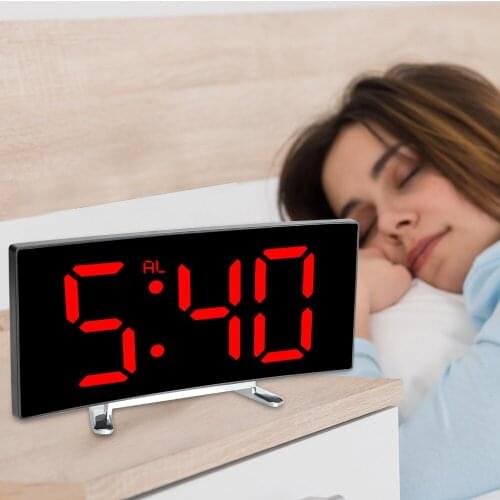 Digital Alarm Clock LED Screen Curved Dimmable Mirror Clock 7 Inch Home Decors For Kids Bedroom Large Number Table Clock