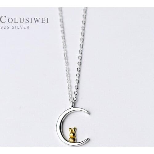 Colusiwei Silver 925 Jewelry Moon and Gold Cut Rabbit Pendant Chain Necklace for Women Fine 925 Sterling Silver Animal Jewelry