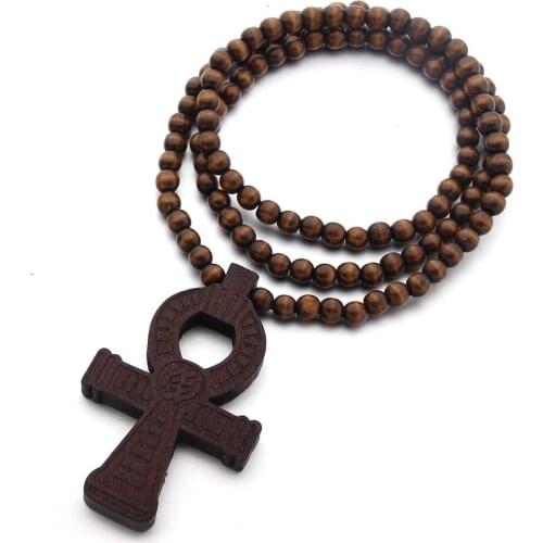 Wood Round Beads Handmade Elastic Africa Egyptian Ankh Engraved DIY Necklaces Vintage African Women Party Hiphop Rock Jewelry