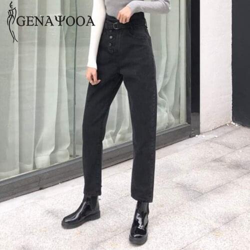 Genayooa Vintage Denim Jeans Ladies Streetwear Jeans Women With High Waist Irregular Boyfriends Jeans Black Pants Women Autumn