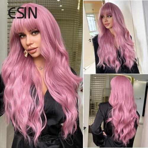 ESIN Long Water Wave Pink Hair Wigs with Bangs for Women Synthetic Hair Natural Party Cosplay Heat Resistant