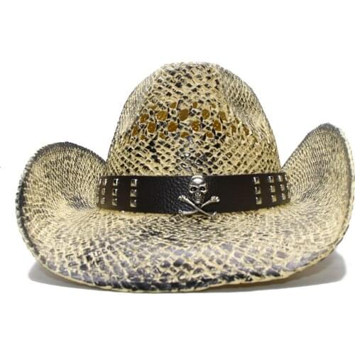 LUCKYLIANJI Summer Black Vintage Women Mens Wide Brim Straw Beach Cowboy Cowgirl Western Hat Hollow Out Skull Leather Band 58cm