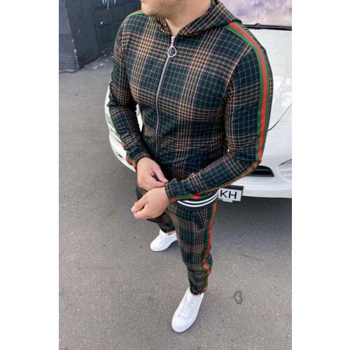 Men' 3D Plaid Sports Jogging Slim Jacket, Spring And Autumn New Hot Selling Street Fashion Trend Hip-Hop Zipper Hoodie Suit