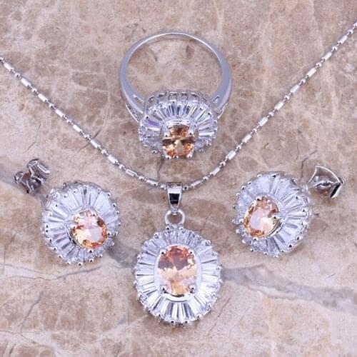 Champagne Morganite White CZ Silver Plated Jewelry Sets Earrings Pendant Ring Size 5 / 6 / 7 / 8 / 9 / 10 S0116