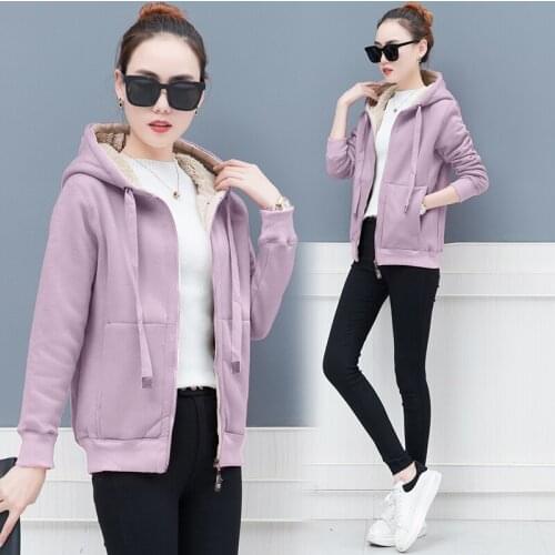 Fall/winter New Lamb Cashmere Plus Velvet Thick Loose Ladies Hoodie Solid Color Zipper Warm Women Top Pocket Straight Sweatshirt