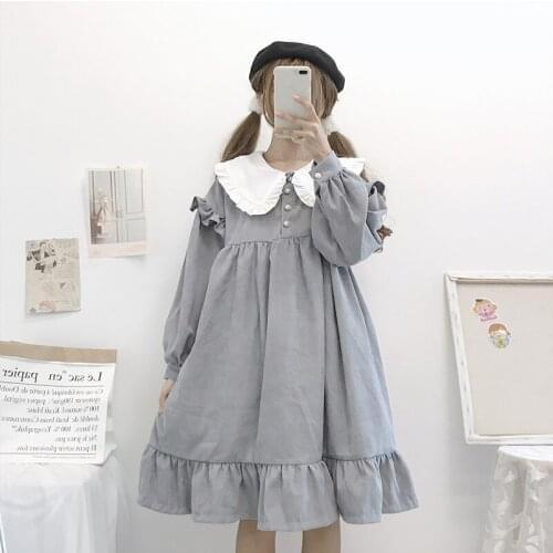 Autumn Winter Lolita Daily Dress Kawaii New Japanese Sweet Retro Doll Collar Loose Ruffled Long-sleeved Dress