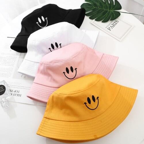 Smiling Face Embroideried Bucket Hats For Women Solid Cotton Summer Panama Men Visor Lovers Sun Fishing Hat Gorras шапка женская