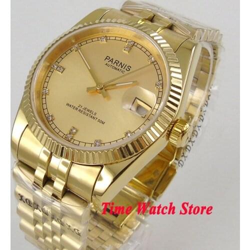 Parnis 36mm fully golden mens wristwatch sapphire glass 21 jewels japan Miyota 821A automatic movement luxury date display
