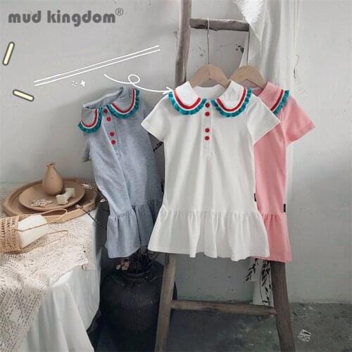 Mudkingdom Girl T-Shirt Dress Solid Ruffles Turn-down Collar Button Baby Girls Princess Dresses for Toddler Short Sleeve Clothes