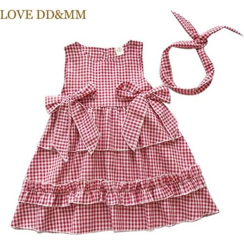 LOVE DD&MM Girls Dresses 2021 Summer New Childrens Wear Girl Sweet Plaid Bow Ruffled Princess Loli Dress + Headband For Baby