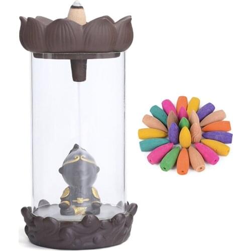Sun Wukong Purple Clay Backflow Incense Holder Waterfall Incense Burner, with 20 Backflow Incense Cones, Traditional Chinese Han