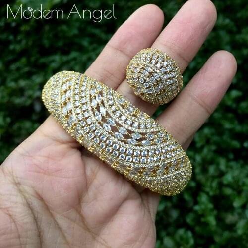 ModemAngel Luxury Saudi Arabia Bangle Ring Set For Women Full Micro Cubic Zircon Pave Party Wedding Saudi Arabic Dubai Jewelry