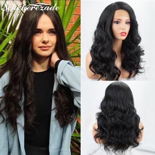 Black Synthetic Lace Front Wig For Women Long Body Wave Lace Front Wigs Heat Resistant Fiber T Part Cosplay Wigs Scheherezade