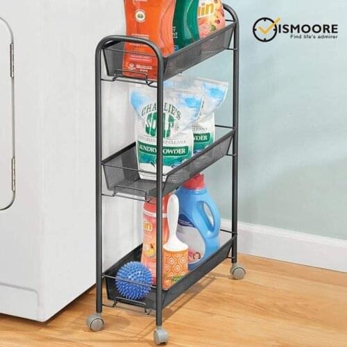 Foldable Mesh Basket Shelves Steel Frame Organizer Easy-Glide Wheels 3-Layer Storage Rack Bathroom Gap Shelves Kitchen Organizer