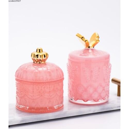 European Style Glass Jewelry Box Pink Crown Butterfly Storage Jar Household Cotton Swab Candle Storage Container Home Decoration
