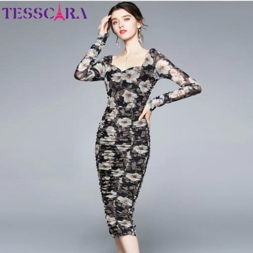 TESSCARA Women Autumn Elegant Mesh Dress Festa Female High Quality Long Vintage Party Robe Femme Floral Designer Pencil Vestidos