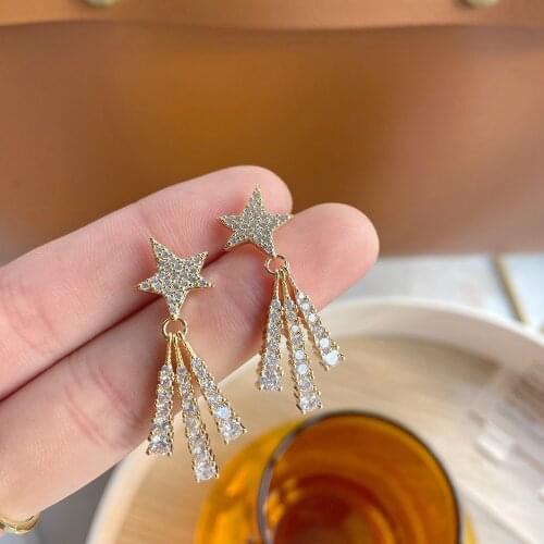 Korea New Design Fashion Jewelry Exquisite 14K Real Gold Zircon Earrings Pentagram Tassel Luxury Womens Wedding Party Earrings