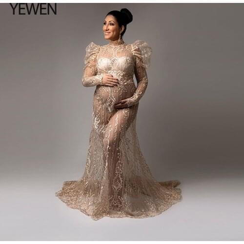 Puff Long Sleeves Lace Evening Dress High Neck Maternity Dresses for Photo Shoot Photography Dress Pregnant Woman YEWEN 2021