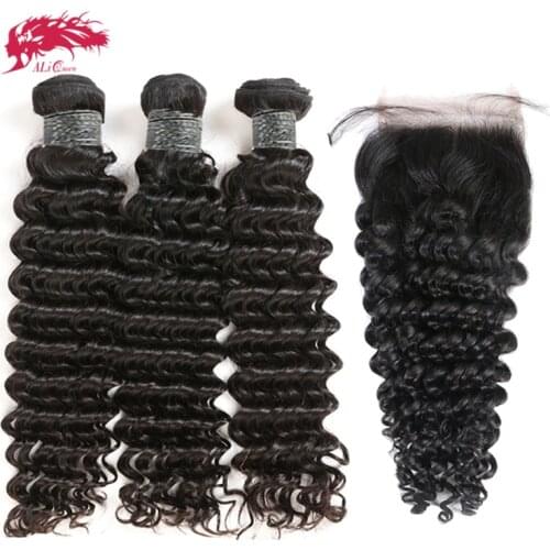 Ali Queen Hair 3/4Pcs Peruvian Deep Wave Remy Human Hair Bundle With Closure Free Part Natural Color Bundles With Frontal