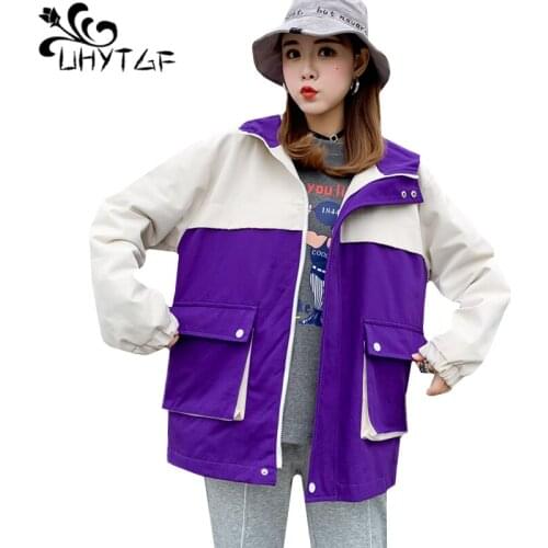 UHYTGF Womens Spring autumn jacket color matching wild Hooded short coat Korean loose students plus size jacket veste femme 550