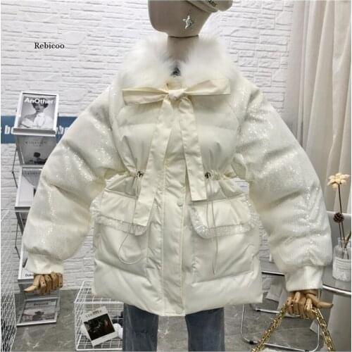 White/black Down Cotton-Padded Jacket Womens New Winter Korean New Loose Mid-Length Parka Fur Collar Students outwear