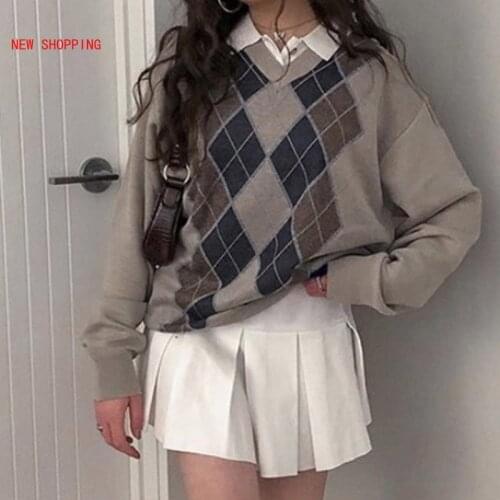 Casual Argyle Plaid Y2K Jumper Female Preppy Style Vintage V Neck Sweater Women New Korean Fashion Pullover Streetwear Harajuku