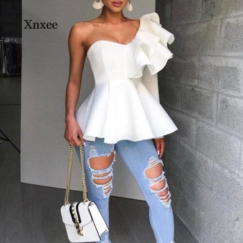 Women One Shoulder Zipper Up Ruffle Tops Women One Long Sleeve White Blouse Shirt Elegant Ladies Party Blouse Summer Clothing