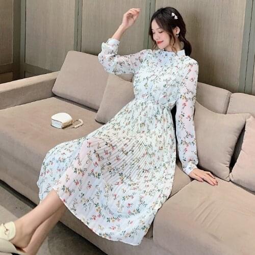 Hebe&Eos New Autumn Elegant Long Chiffon Dresses Vintage Floral Printed Long Sleeve Midi Dress Women Boho Chic Femme Vestidos