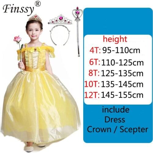 Beauty and The Beast BELLA Princess Yellow Dress Girl Stage Performance Costume Halloween Carnival Dress Including Crown Scepter
