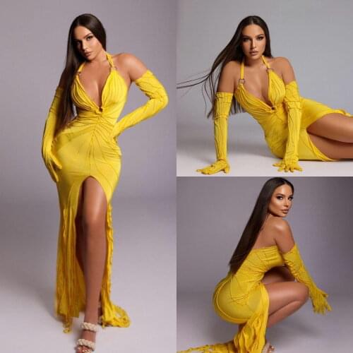 Sexy Yellow Mermaid Evening Dresses with High Split Halter Plus Size Prom Gowns Party Wear Formal Celebrity Dress