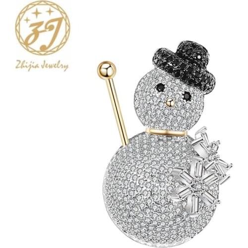 Zhijia merry christmas gifts full silver crystal rhinestone snowman pins brooches for women party jewelry accessories