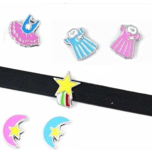 10pcs/lot Internal Dia 8mm Dress Rainbow Moon Star Slide Charm DIY Accessories fit 8mm wide belt pet collar