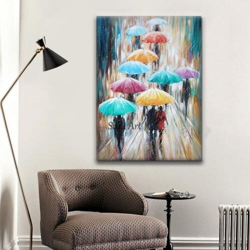 100% Hand Painted Oil Painting On Canvas Abstract People In the Rain With Colorful Umbrellas Modern Decoration For Living Room