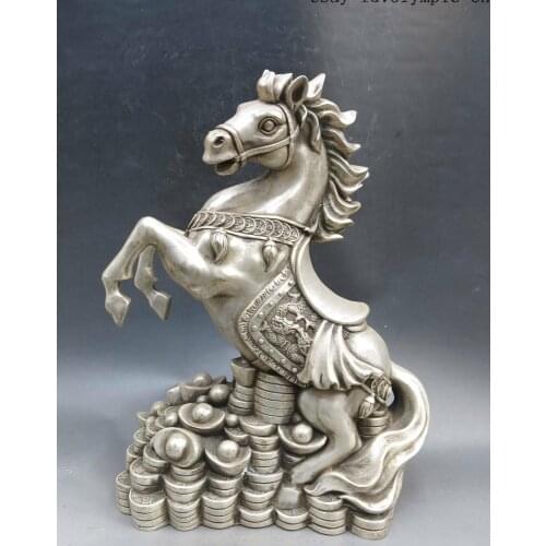 12" China silver good luck Feng Shui dragon Horse money sculpture Statue