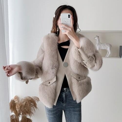 2020 New Womens Real Fox Fur Coat Genuine Sheepskin Leather Jacket Winter Thick Warm Fur Ladys Outerwear S7885