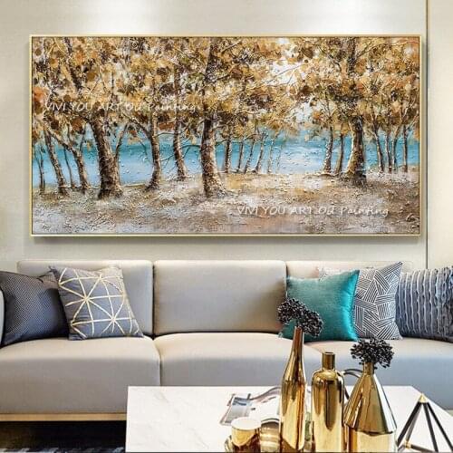 Abstract Landscape Oil Painting Wall Art Canvas Painting 100% Handmade Trees and Lakes Pictures for Living Room No Frame