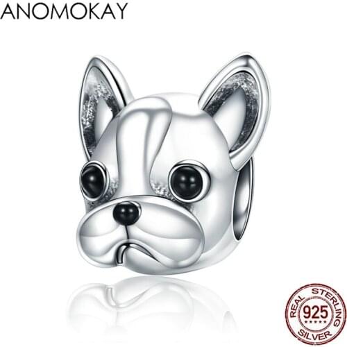 Anomokay HOT 100% 925 Silver Dog Animal Beads fit Bracelet S925 Loyal Partners French BULLDOG Doggy Bead for DIY Jewelry