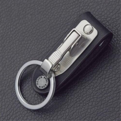 1pc Fashion Hanging Car Keychain Key Ring Clip on Belt Genuine Leather Key Chain Stainless Steel Detachable Car Key Holder