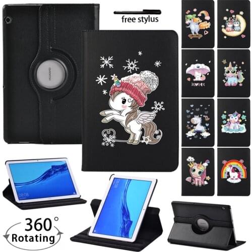 For Huawei MediaPad T3 10 9.6"/MediaPad T5 10 10.1" Tablet Case 360 Rotating Bracket Flip Stand Leather Cover + Pen