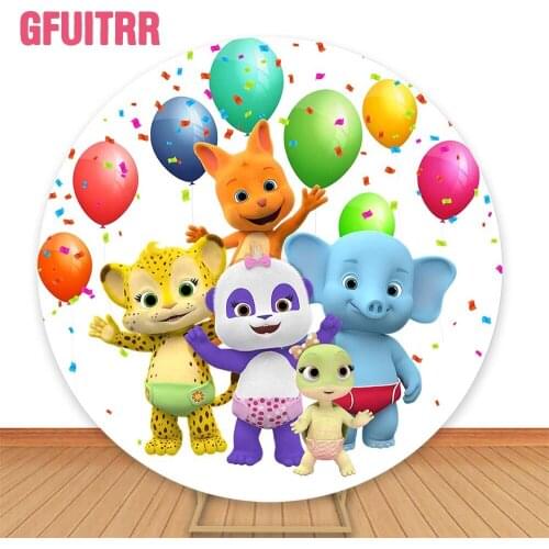 GFUITRR Round Cartoon Word Party Photo Backdrops Happy Birthday Photography Backgrounds Animals Balloons Circle Photocall