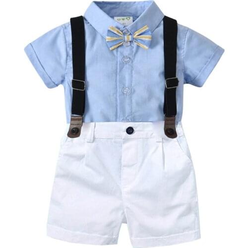 Summer Kids Baby Boy Casual Clothes Set Cotton Short Sleeve Bow Tie Tops+ Suspender Shorts Children Gentleman Suit