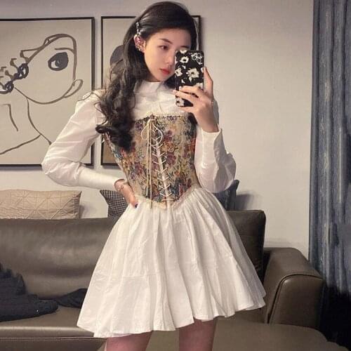 [Two-piece suit] Hong Kong style retro short slim waistcoat + waist slimming puffy dress spring and autumn suit women y2k tops