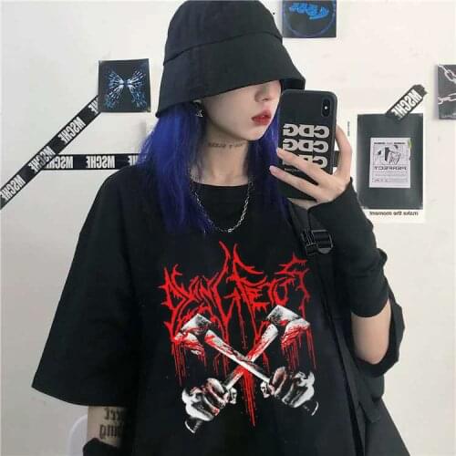 Summer Fun Trend Casual Devil Cute Printing Punk Harajuku Black T-shirt Handsome Small Fashion Ladies Top футболка y2k anime