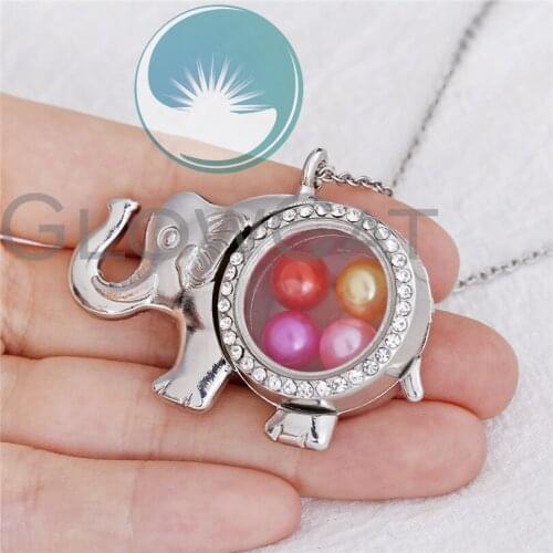 Rhinestone Locket Pendant 50cm Steel Chain Silver Color Lucky Elephant Floating Glass Locket Necklace Mothers Day Gift