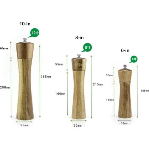 Acacia Solid Wood Pepper Mills With Strong Adjustable Ceramic Salt Grinder 6" 8" 10" High Quality Kitchen BBQ Tools Set