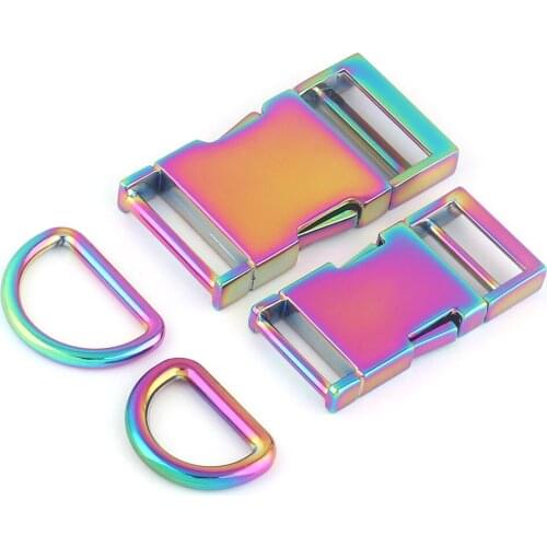 20/25mm Rainbow Metal Adjuster Slide Release Buckle,D Ring Strap Buckles Dog Collar Hardware Making Purse Backpack Webbing